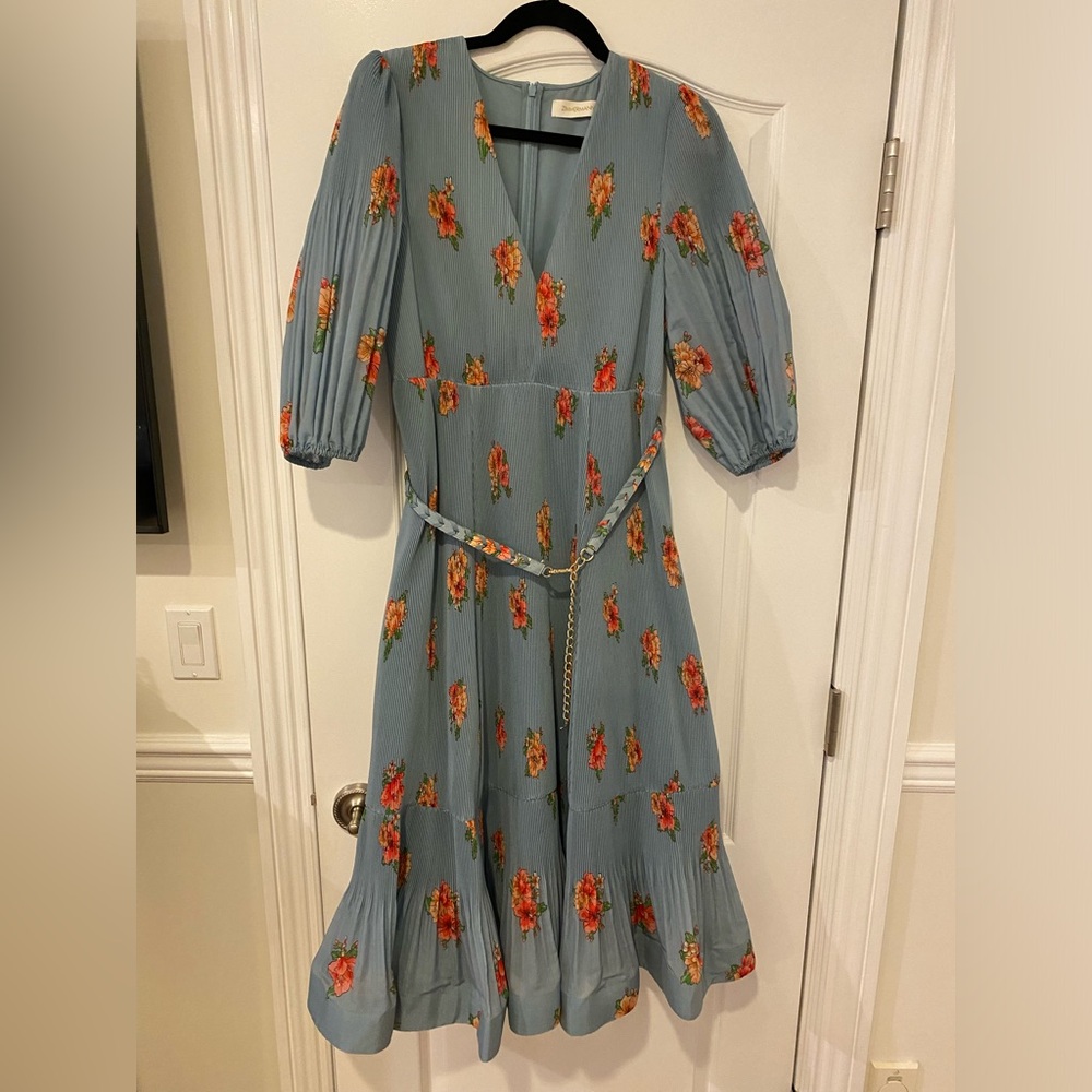 Zimmermann Women Pleated Floral Dress Blue Midi With Belt Sz 3 AU, 10 US Worn 1x